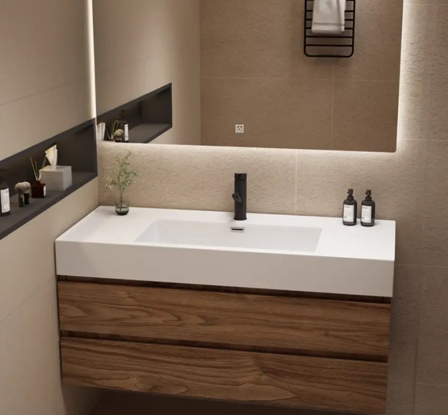Modern High-end Walnut Colored Integrated Bathroom Vanity Bathroom Vanity with LED Smart Mirror Washbasin Sink Basin — image 2
