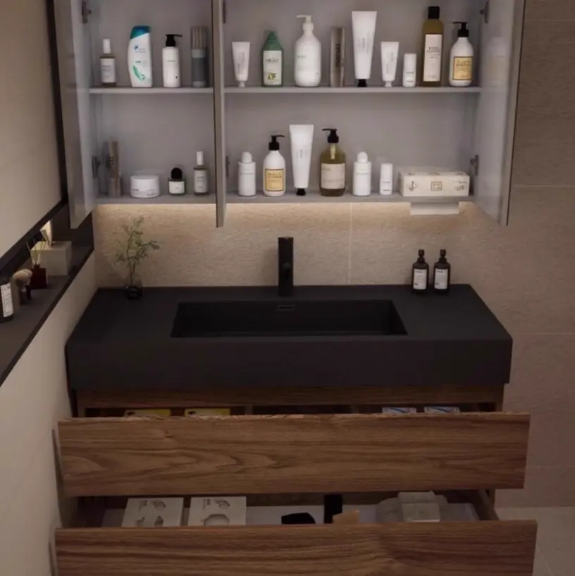 Modern High-end Walnut Colored Integrated Bathroom Vanity Bathroom Vanity with LED Smart Mirror Washbasin Sink Basin — image 4