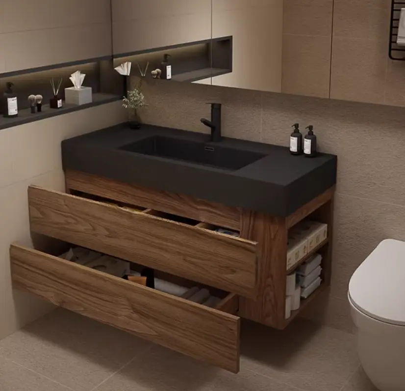 Modern High-end Walnut Colored Integrated Bathroom Vanity Bathroom Vanity with LED Smart Mirror Washbasin Sink Basin — image 5