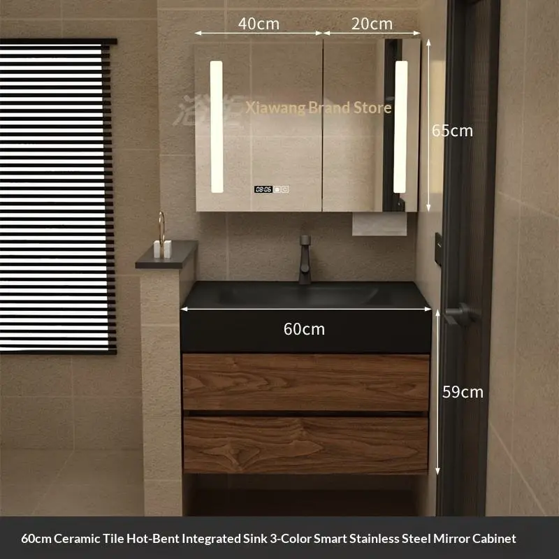 Modern High-end Walnut Colored Integrated Bathroom Vanity Bathroom Vanity with LED Smart Mirror Washbasin Sink Basin — image 6