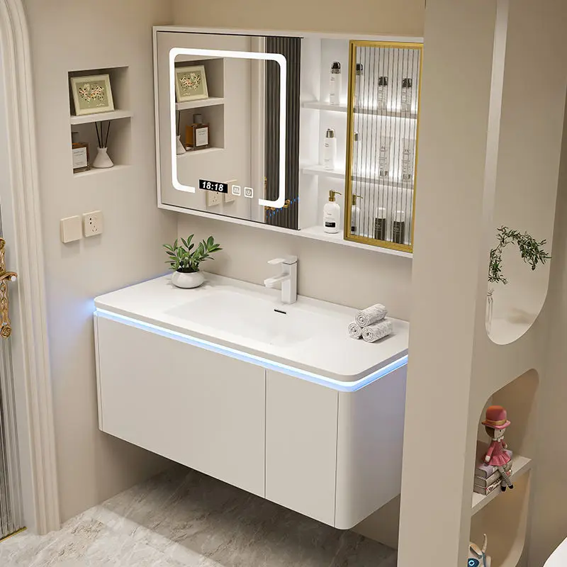 Luxury Cream Style Multi-layer Solid Wood Bathroom Drawer Storage Vanity Wall Mounted Popular Hotel Bathroom Vanity With Sink — image 2