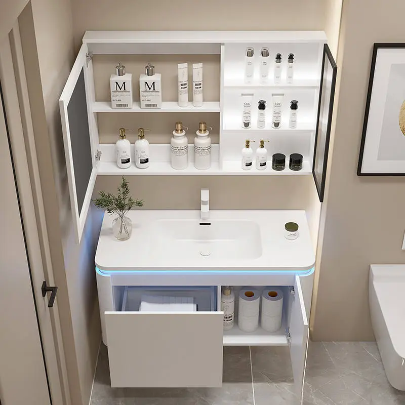 Luxury Cream Style Multi-layer Solid Wood Bathroom Drawer Storage Vanity Wall Mounted Popular Hotel Bathroom Vanity With Sink — image 5