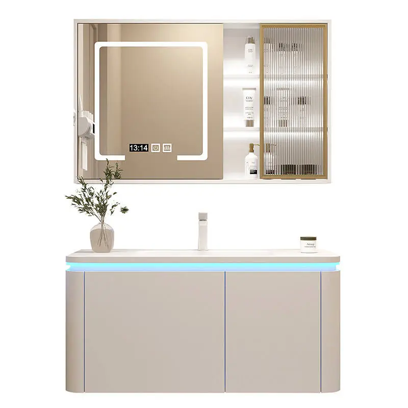 Luxury Cream Style Multi-layer Solid Wood Bathroom Drawer Storage Vanity Wall Mounted Popular Hotel Bathroom Vanity With Sink — image 6