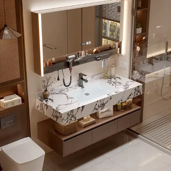 2025 Hot Selling Modern Design Marble Bathroom Vanity Set with Wall Mount Mirror Customized for Hotels and Restrooms — view 1