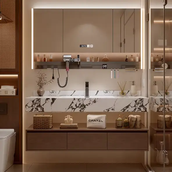 2025 Hot Selling Modern Design Marble Bathroom Vanity Set with Wall Mount Mirror Customized for Hotels and Restrooms — image 2