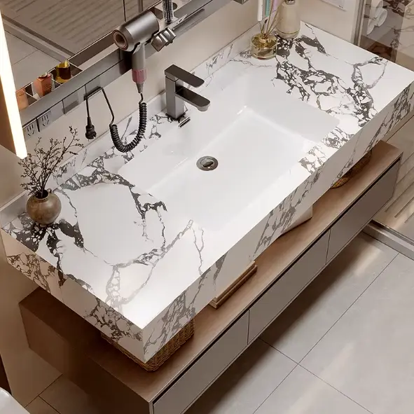2025 Hot Selling Modern Design Marble Bathroom Vanity Set with Wall Mount Mirror Customized for Hotels and Restrooms — image 3