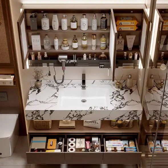 2025 Hot Selling Modern Design Marble Bathroom Vanity Set with Wall Mount Mirror Customized for Hotels and Restrooms — image 4