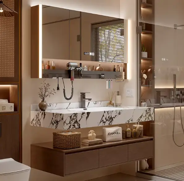 2025 Hot Selling Modern Design Marble Bathroom Vanity Set with Wall Mount Mirror Customized for Hotels and Restrooms — image 5