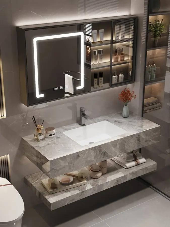 Modern Style Integrated Ceramic Rock Plate Basin Water-Resistant Bathroom Vanity Washstand and LED Mirror Cabinet Combin — view 1