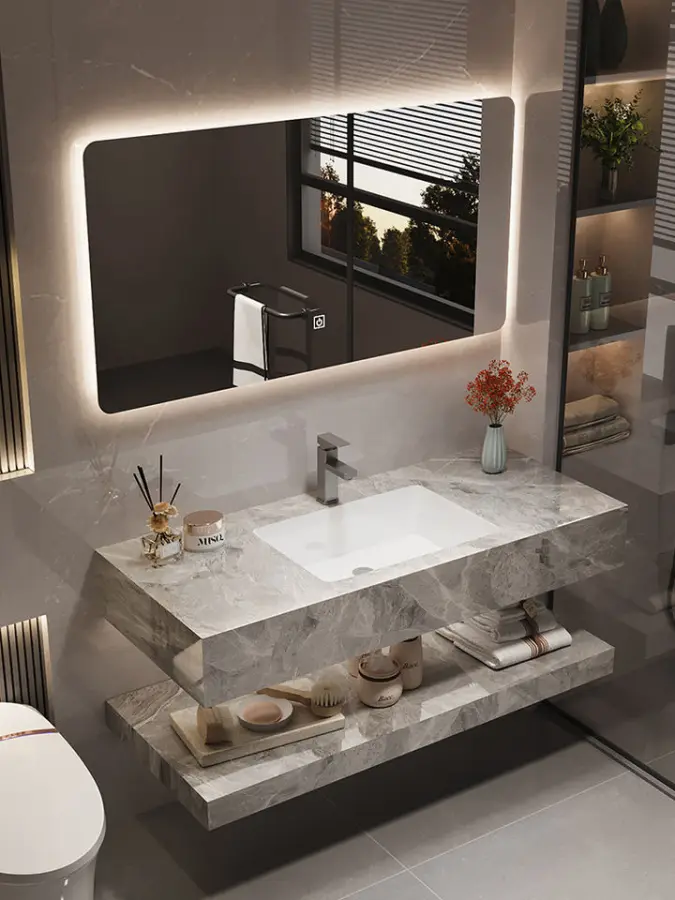 Modern Style Integrated Ceramic Rock Plate Basin Water-Resistant Bathroom Vanity Washstand and LED Mirror Cabinet Combination — image 2
