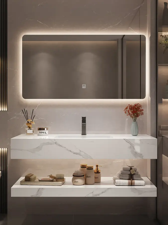 Modern Style Integrated Ceramic Rock Plate Basin Water-Resistant Bathroom Vanity Washstand and LED Mirror Cabinet Combination — image 3