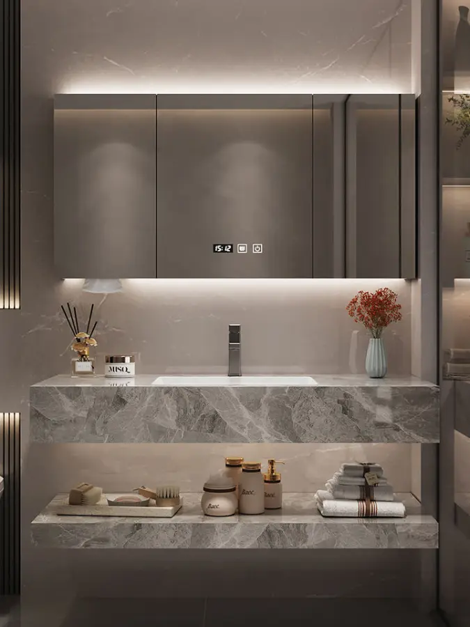 Modern Style Integrated Ceramic Rock Plate Basin Water-Resistant Bathroom Vanity Washstand and LED Mirror Cabinet Combination — image 4