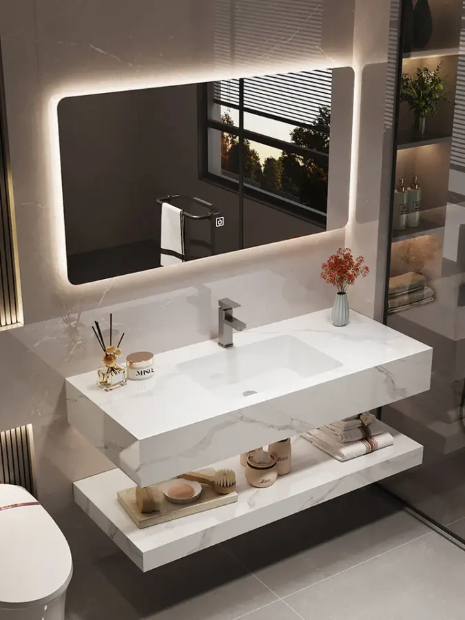 Modern Style Integrated Ceramic Rock Plate Basin Water-Resistant Bathroom Vanity Washstand and LED Mirror Cabinet Combination — image 5