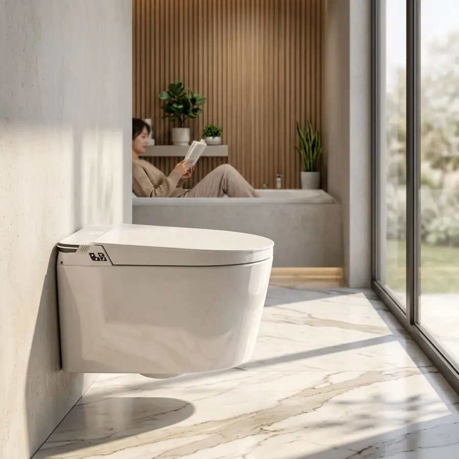 New Design Multicolor LED Elongated Wall-Mounted Ceramic Toilet with Heated Seat and Remote Control — view 1