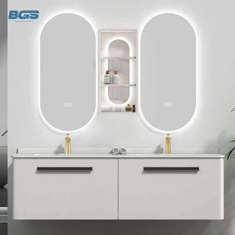 Modern Latest Bathroom Vanity Units with Sink Cabinet Wall Hung Waterproof Copper Drainer Apartment Use Bathroom Cabinet — view 1