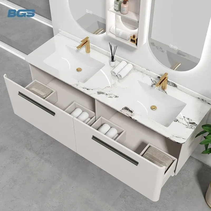 Modern Latest Bathroom Vanity Units with Sink Cabinet Wall Hung Waterproof Copper Drainer Apartment Use Bathroom Cabinet Set — image 3