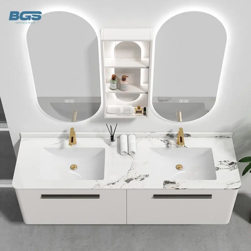 Modern Latest Bathroom Vanity Units with Sink Cabinet Wall Hung Waterproof Copper Drainer Apartment Use Bathroom Cabinet Set — image 4