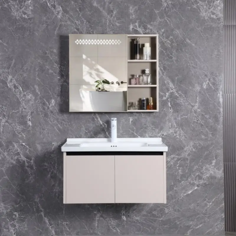 Luxury Australian Style Wall Mounted Bathroom Vanity Cabinets Modern Curved Ribbed with Light Copper Drainer for Home or Hotel — image 3