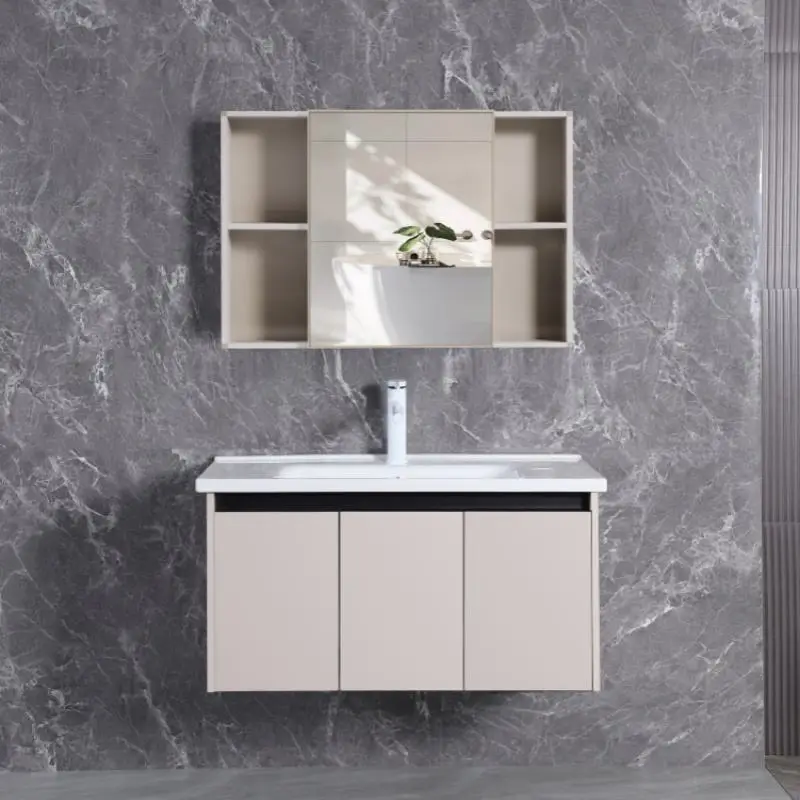 Luxury Australian Style Wall Mounted Bathroom Vanity Cabinets Modern Curved Ribbed with Light Copper Drainer for Home or Hotel — image 5