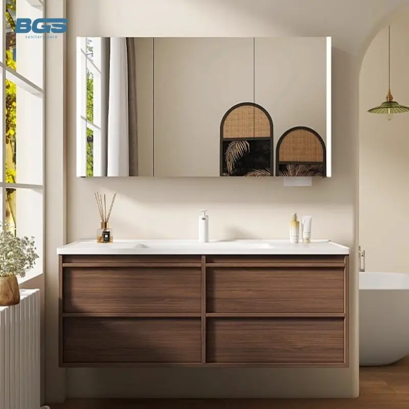 Hotel-Grade Modern Double Vanity Rectangular Rock Plate Marble Sink LED Wall Hanging Washbasin for Bathroom with Copper — view 1