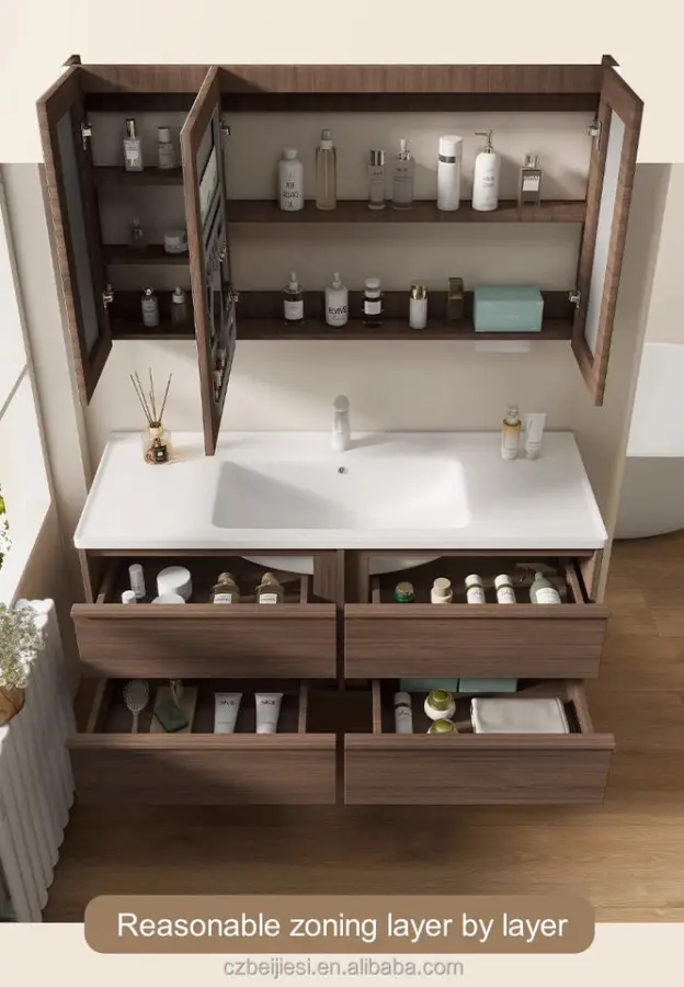 Hotel-Grade Modern Double Vanity Rectangular Rock Plate Marble Sink LED Wall Hanging Washbasin for Bathroom with Copper Drainer — image 4
