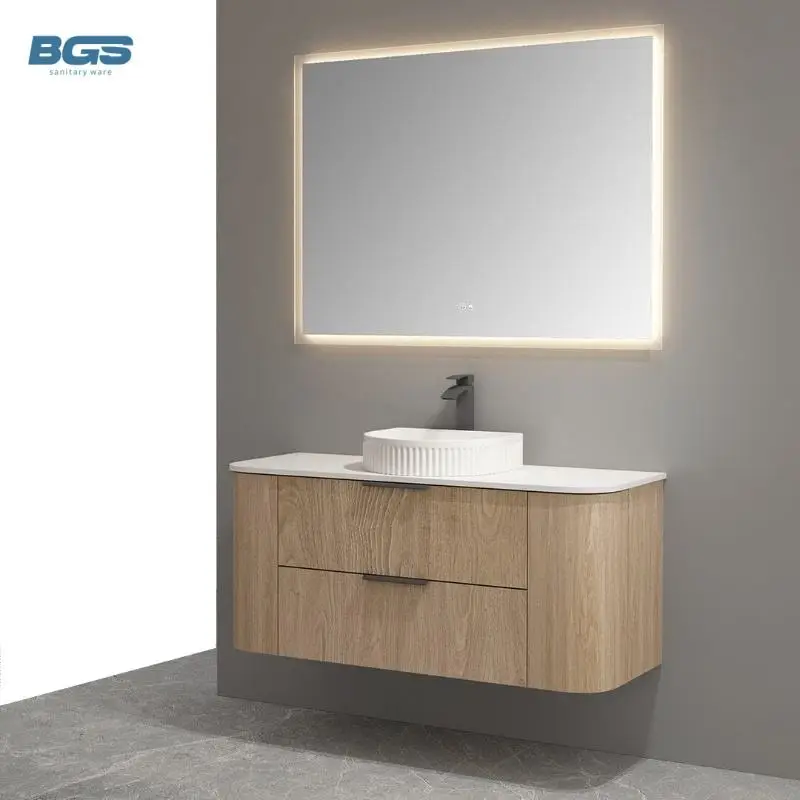 Custom-Made Solid Wood Material Bathroom Furniture Modern Marble Counter Top Wooden Grey Bathroom Vanity Cabinet Direct — view 1