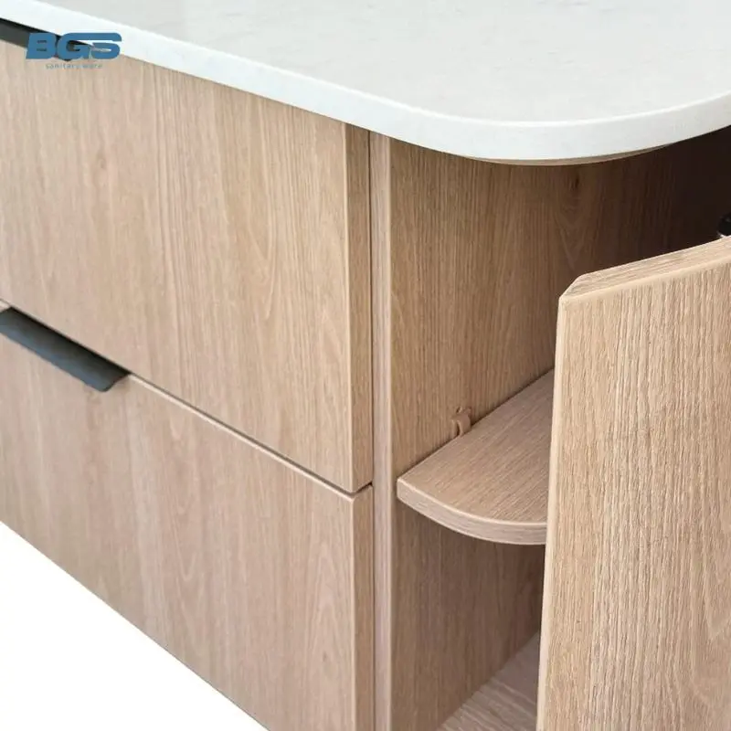 Custom-Made Solid Wood Material Bathroom Furniture Modern Marble Counter Top Wooden Grey Bathroom Vanity Cabinet Direct — view 2