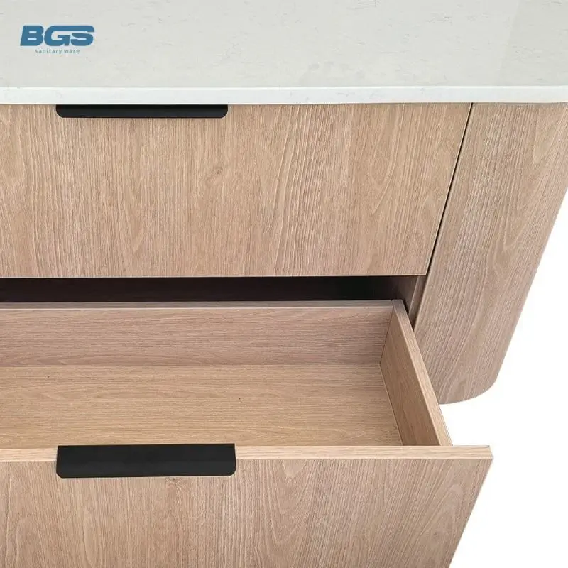 Custom-Made Solid Wood Material Bathroom Furniture Modern Marble Counter Top Wooden Grey Bathroom Vanity Cabinet Direct — view 3
