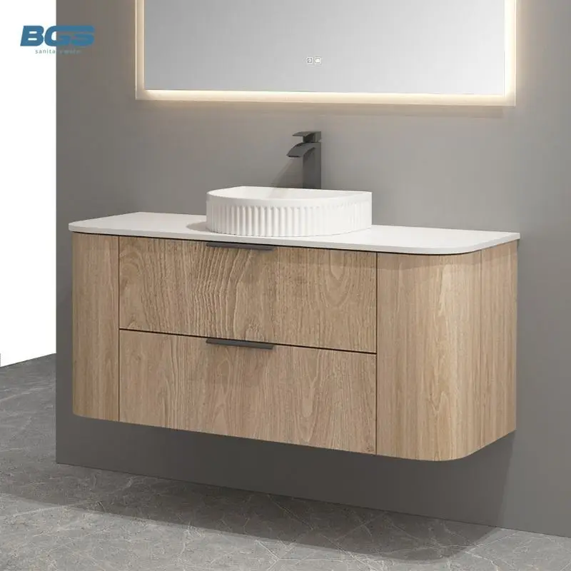 Custom-Made Solid Wood Material Bathroom Furniture Modern Marble Counter Top Wooden Grey Bathroom Vanity Cabinet Direct — view 4