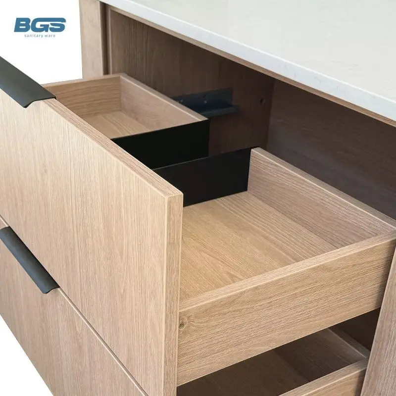 Custom-Made Solid Wood Material Bathroom Furniture Modern Marble Counter Top Wooden Grey Bathroom Vanity Cabinet Direct — view 5