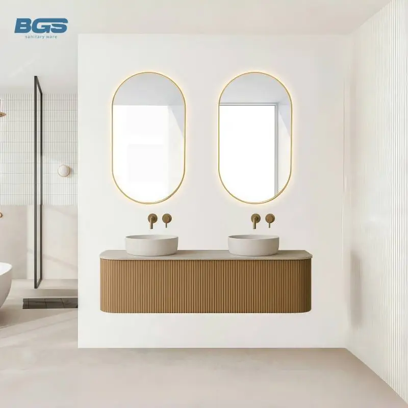 Hotel-Grade Modern Double Vanity Sink Wall Hanging Rectangular Rock Plate Marble Sink Bathroom Washbasin LED for Bedroom — view 4