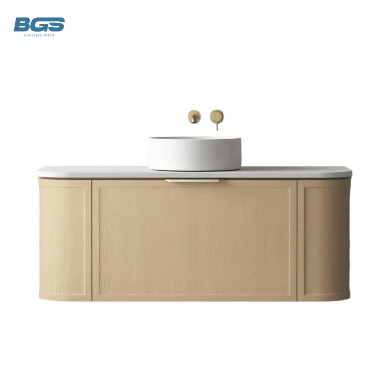 Modern Wall-Mounted Bathroom Cabinet Integrated Granite Basin Multi-Layer Board Copper Drainer Stone Slab Cabinet for Ap — view 1