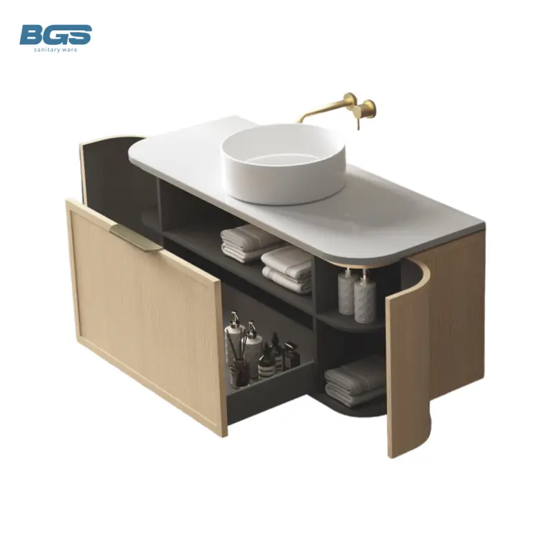 Modern Wall-Mounted Bathroom Cabinet Integrated Granite Basin Multi-Layer Board Copper Drainer Stone Slab Cabinet for Apartments — image 3