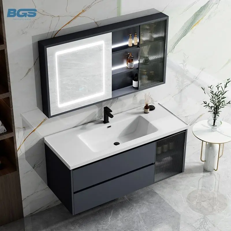 Modern Single-Mirrored Legs MDF Wooden Aluminium 24 Corner 60 Stainless Light Basin Sink Bathrooms Black Hotel Bathroom — view 1