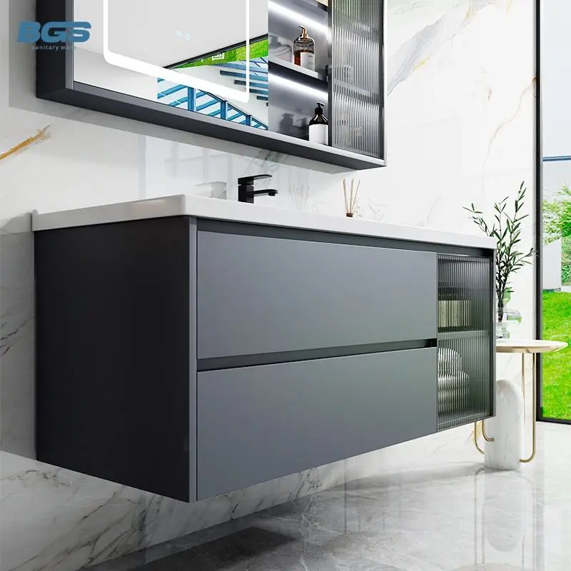 Modern Single-Mirrored Legs MDF Wooden Aluminium 24 Corner 60 Stainless Light Basin Sink Bathrooms Black Hotel Bathroom Vanities — image 3