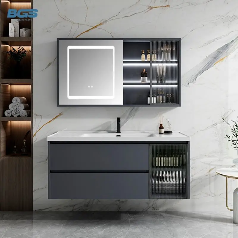 Modern Single-Mirrored Legs MDF Wooden Aluminium 24 Corner 60 Stainless Light Basin Sink Bathrooms Black Hotel Bathroom Vanities — image 4