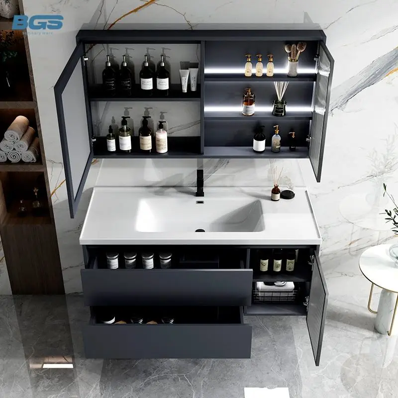 Modern Single-Mirrored Legs MDF Wooden Aluminium 24 Corner 60 Stainless Light Basin Sink Bathrooms Black Hotel Bathroom Vanities — image 6