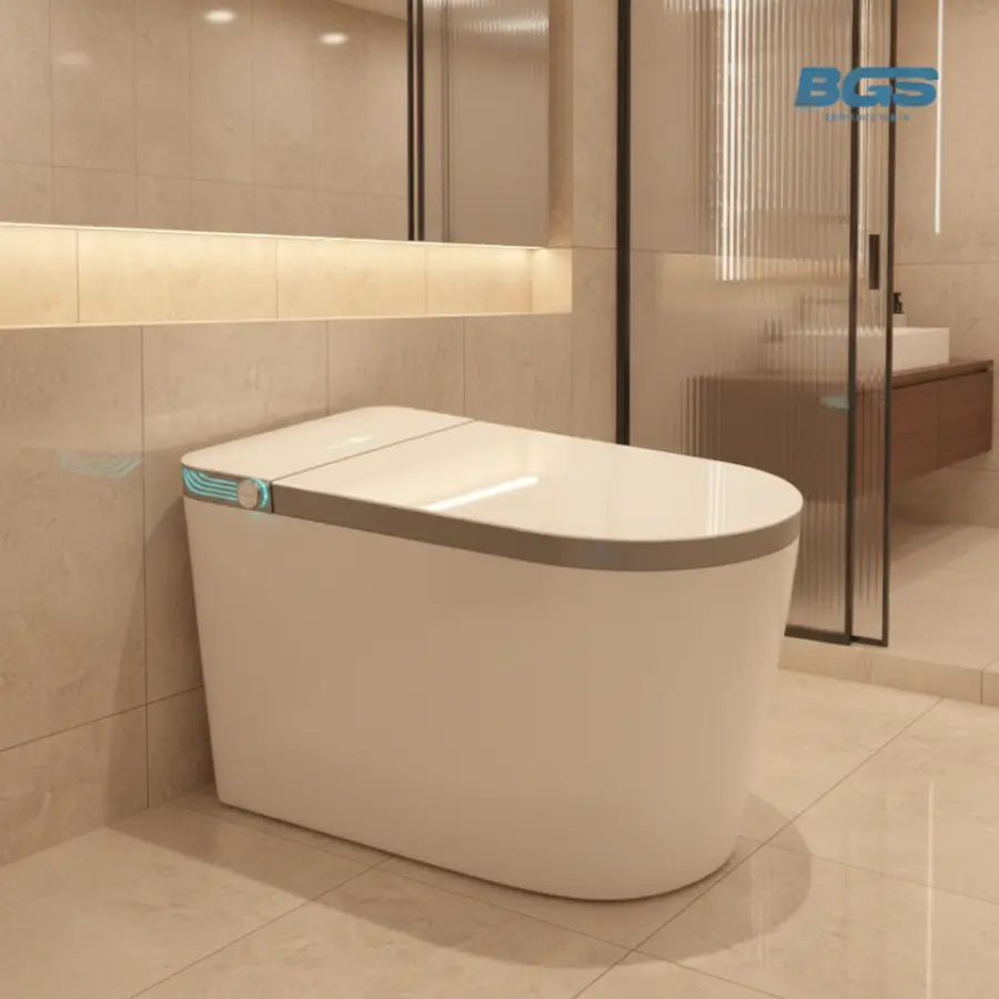 Bathrooms Full-Automatic Elongated S-Trap One Piece Floor Mounted Toilet Seat Super Rotate Flushing Foot Remote Control — view 1