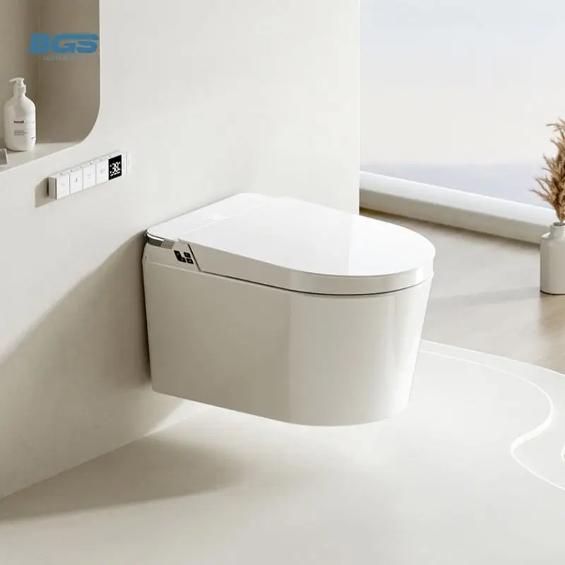 Modern Style Wall Mounted Smart Toilet One Piece Automatic Bidet WC with S-Trap Drainage Remote Control Included Seat He — view 1
