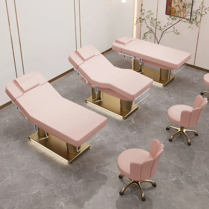 Luxury Electric pink Leather Massage Facial Table Double Cylinder Stainless Steel Base Heating Beauty Bed Salon Massage — view 1