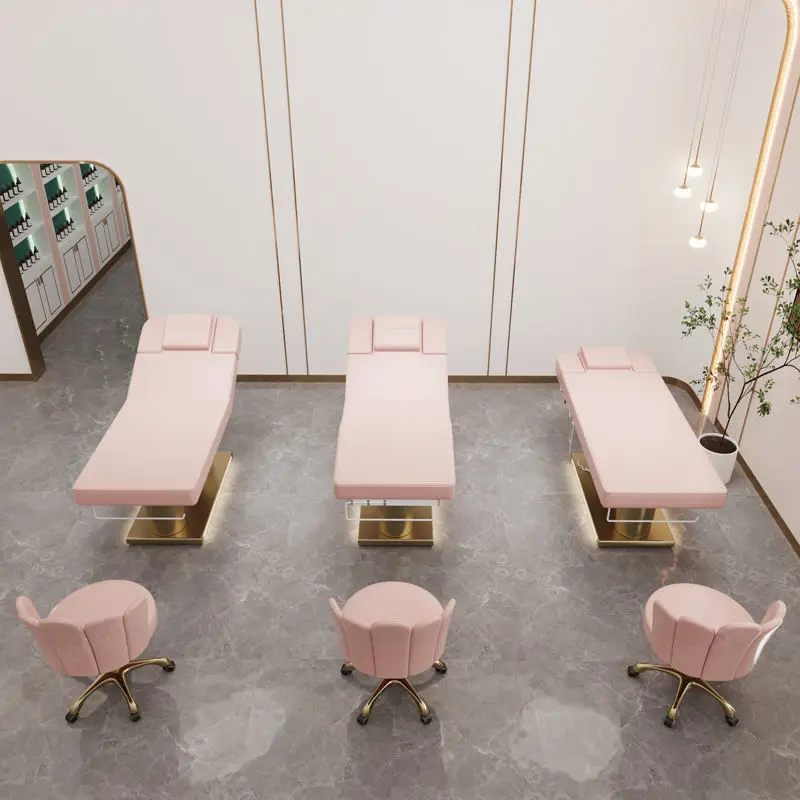 Luxury Electric pink Leather Massage Facial Table Double Cylinder Stainless Steel Base Heating Beauty Bed Salon Massage Beds — image 3
