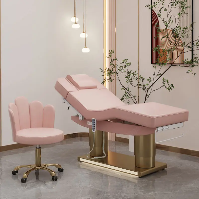 Luxury Electric pink Leather Massage Facial Table Double Cylinder Stainless Steel Base Heating Beauty Bed Salon Massage Beds — image 4