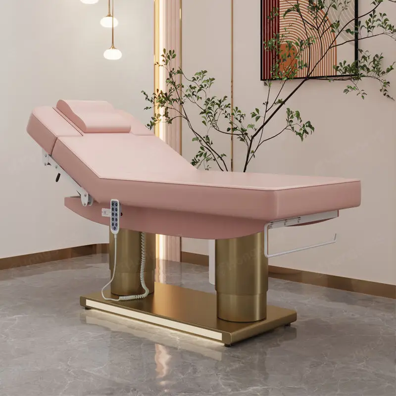 Luxury Electric pink Leather Massage Facial Table Double Cylinder Stainless Steel Base Heating Beauty Bed Salon Massage Beds — image 5