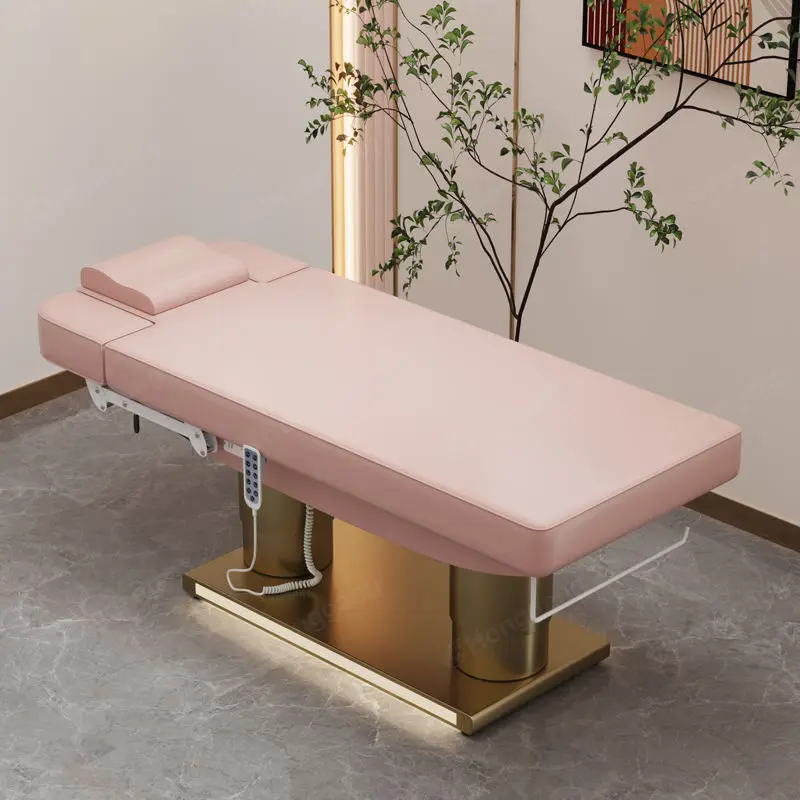 Luxury Electric pink Leather Massage Facial Table Double Cylinder Stainless Steel Base Heating Beauty Bed Salon Massage Beds — image 6