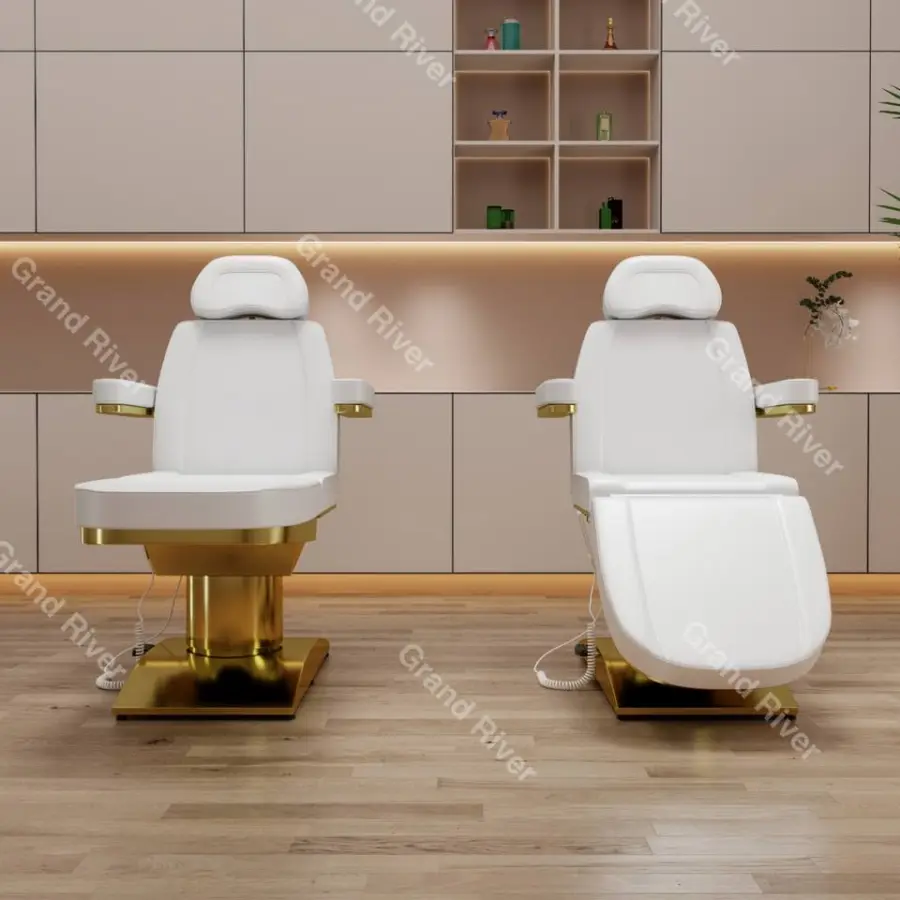 Custom Color 3 Motors Metal Gold Plated Stainless Steel Base Electric Facial Beauty Salon Bed Spa Massage Table — image 4