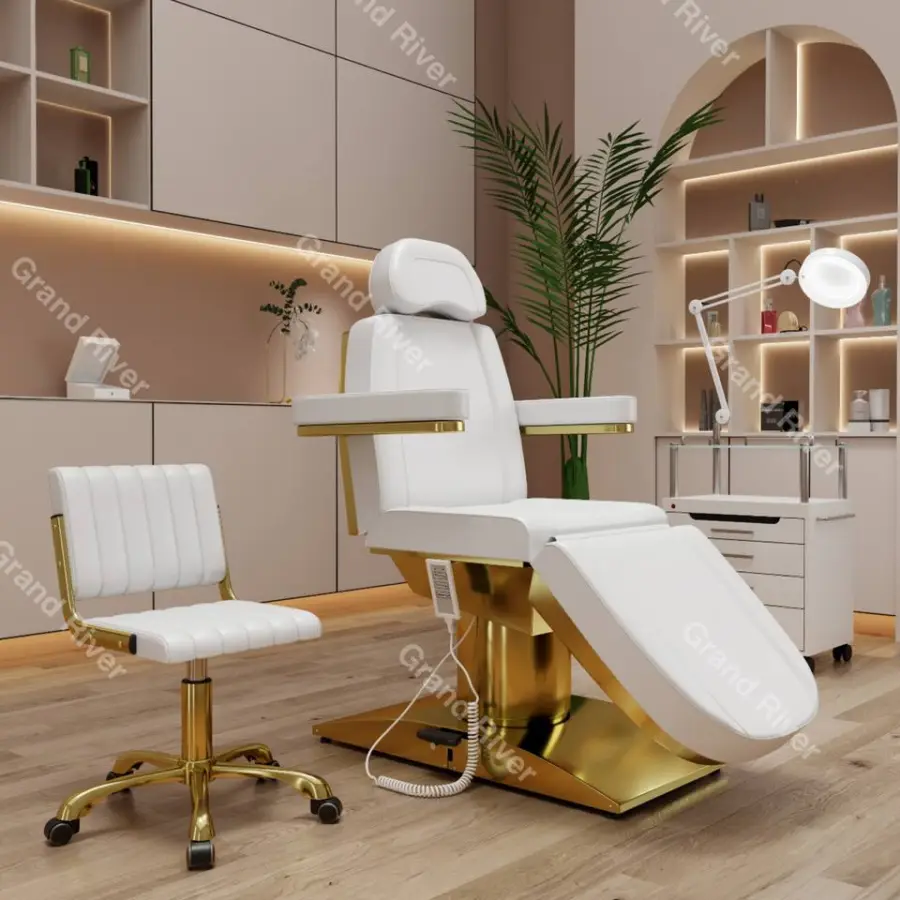 Custom Color 3 Motors Metal Gold Plated Stainless Steel Base Electric Facial Beauty Salon Bed Spa Massage Table — image 5