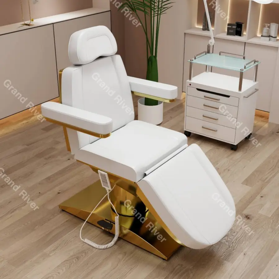 Custom Color 3 Motors Metal Gold Plated Stainless Steel Base Electric Facial Beauty Salon Bed Spa Massage Table — image 6