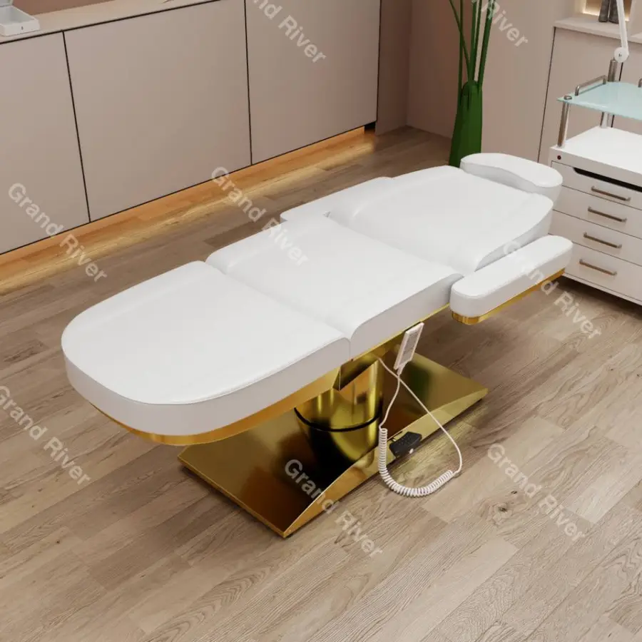 Custom Color 3 Motors Metal Gold Plated Stainless Steel Base Electric Facial Beauty Salon Bed Spa Massage Table — image 7