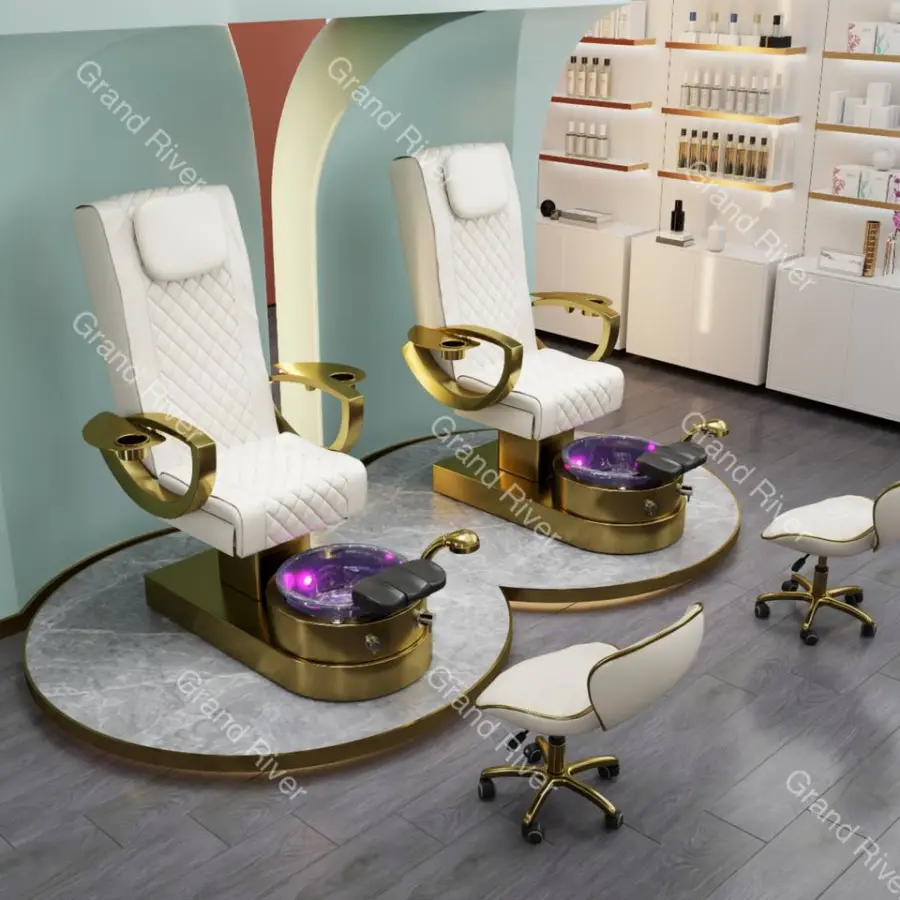 Wholesale Luxury Gold Salon Furniture Spa Nails Pedicure Chairs Full Body Massage Manicure Chairs With Bowl Stools — image 3