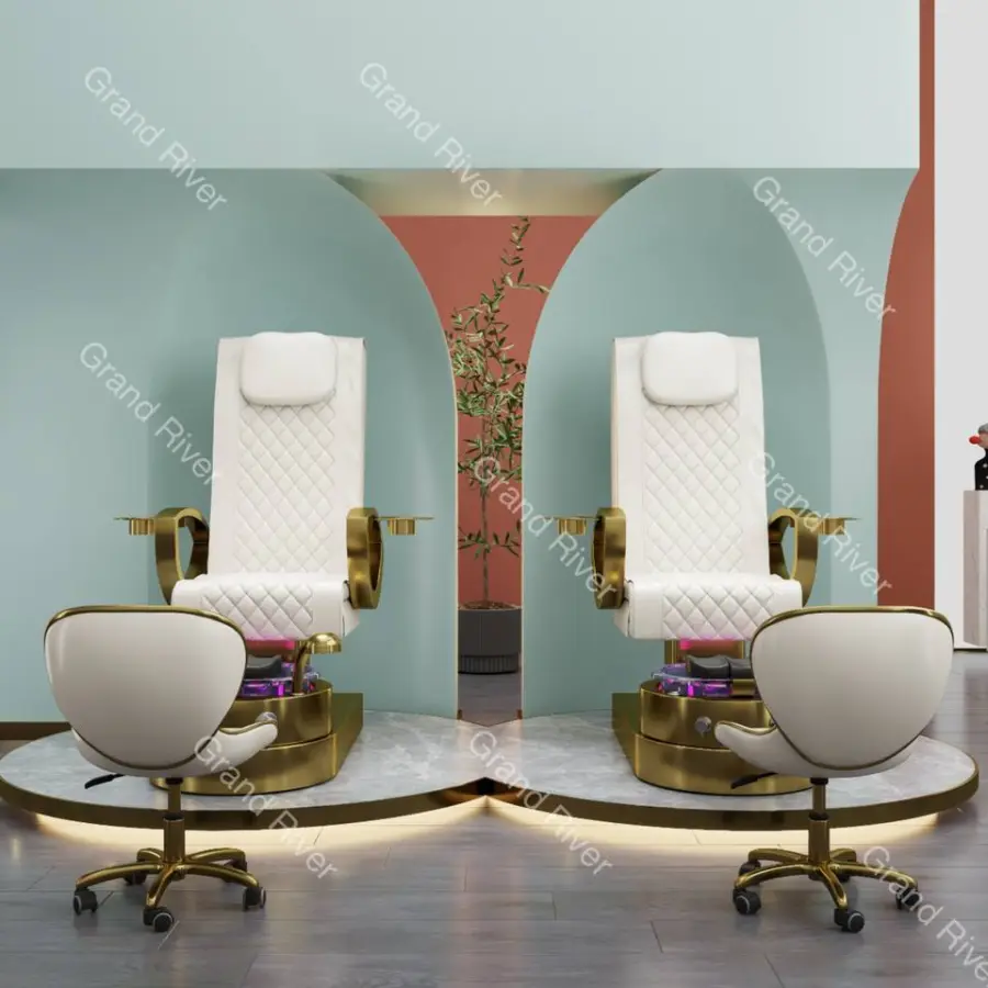 Wholesale Luxury Gold Salon Furniture Spa Nails Pedicure Chairs Full Body Massage Manicure Chairs With Bowl Stools — image 6
